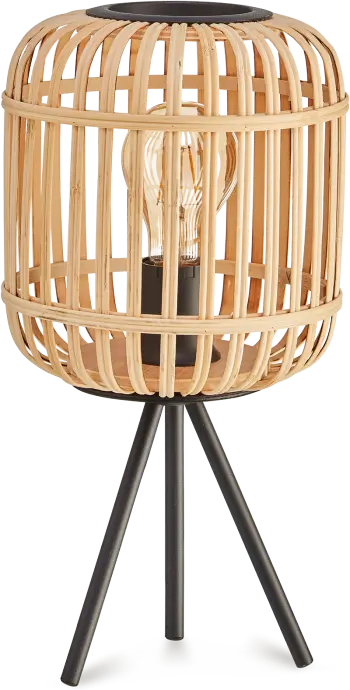 Bohemian or natural style table lamp with a light bamboo or rattan cage shade and black tripod base, showcasing an exposed Edison bulb