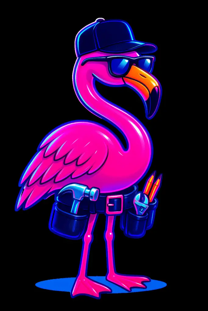Neon pink cartoon flamingo character wearing a baseball cap and sunglasses with a construction tool belt, hammer, and pencils, on a black background