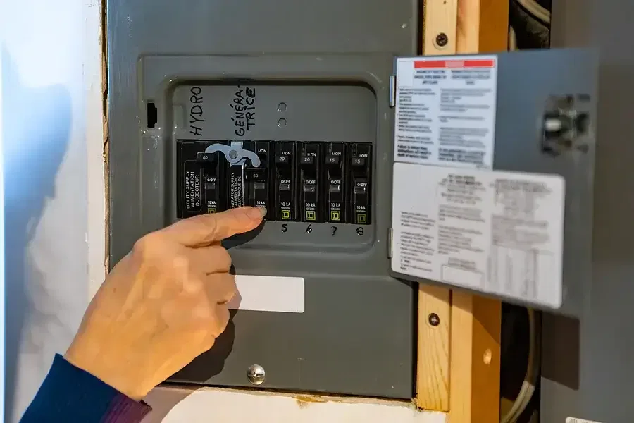 Person's hand pointing at a circuit breaker switch in a residential electrical panel or fuse box.