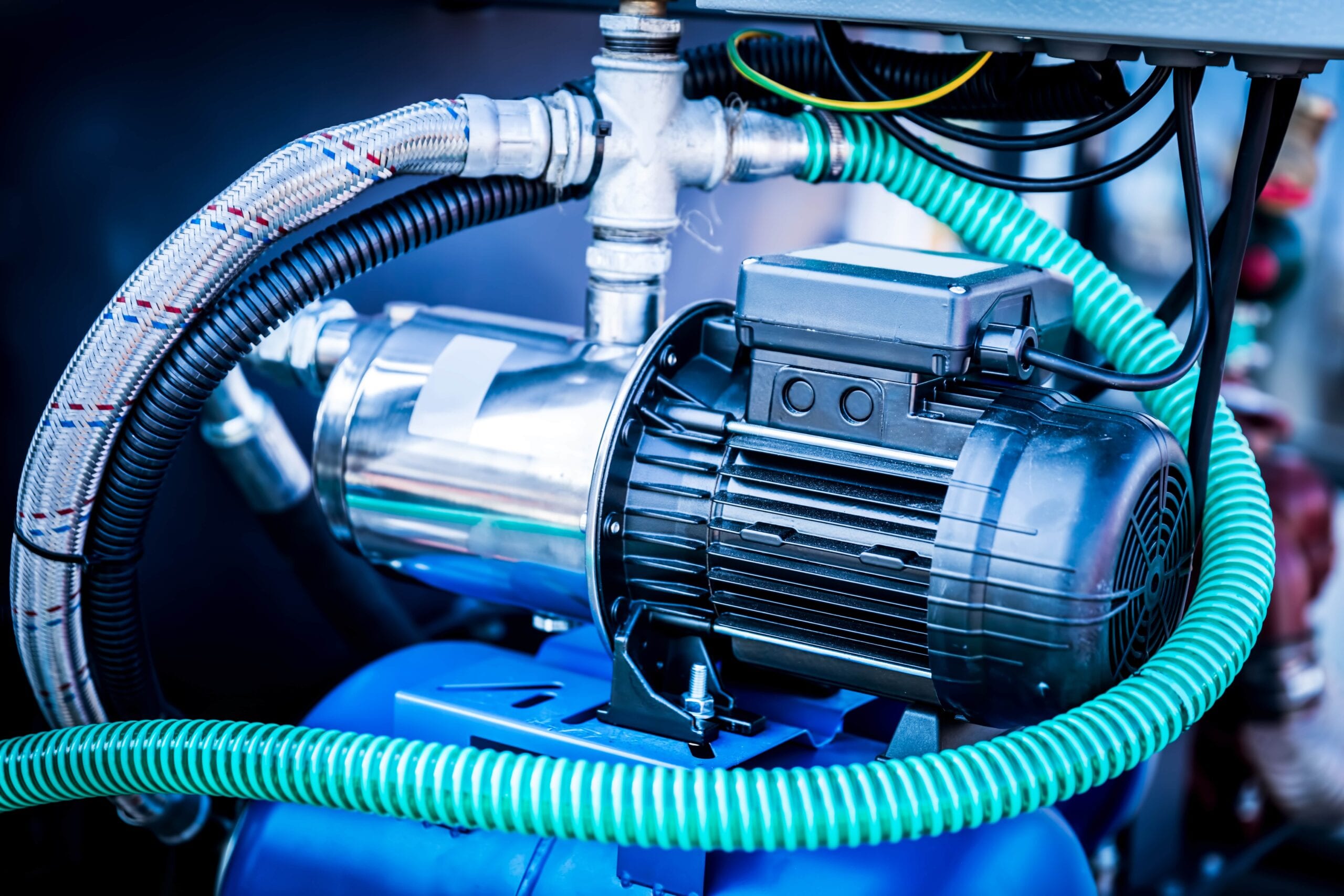 Close-up of a black electric water pump motor connected to a stainless steel centrifugal pump head with green corrugated hoses and braided steel lines in an industrial setting.