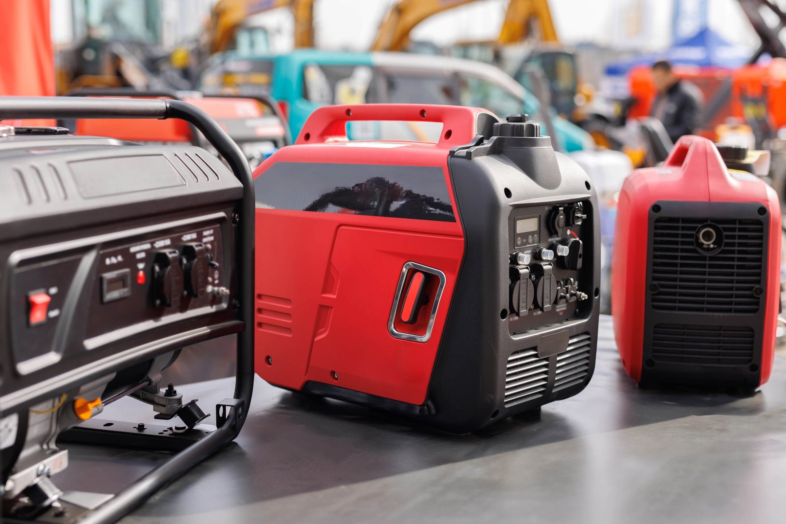 A display of modern red and black portable gasoline inverter generators at a machinery exhibition, featuring compact designs with multiple power outlets and control panels.