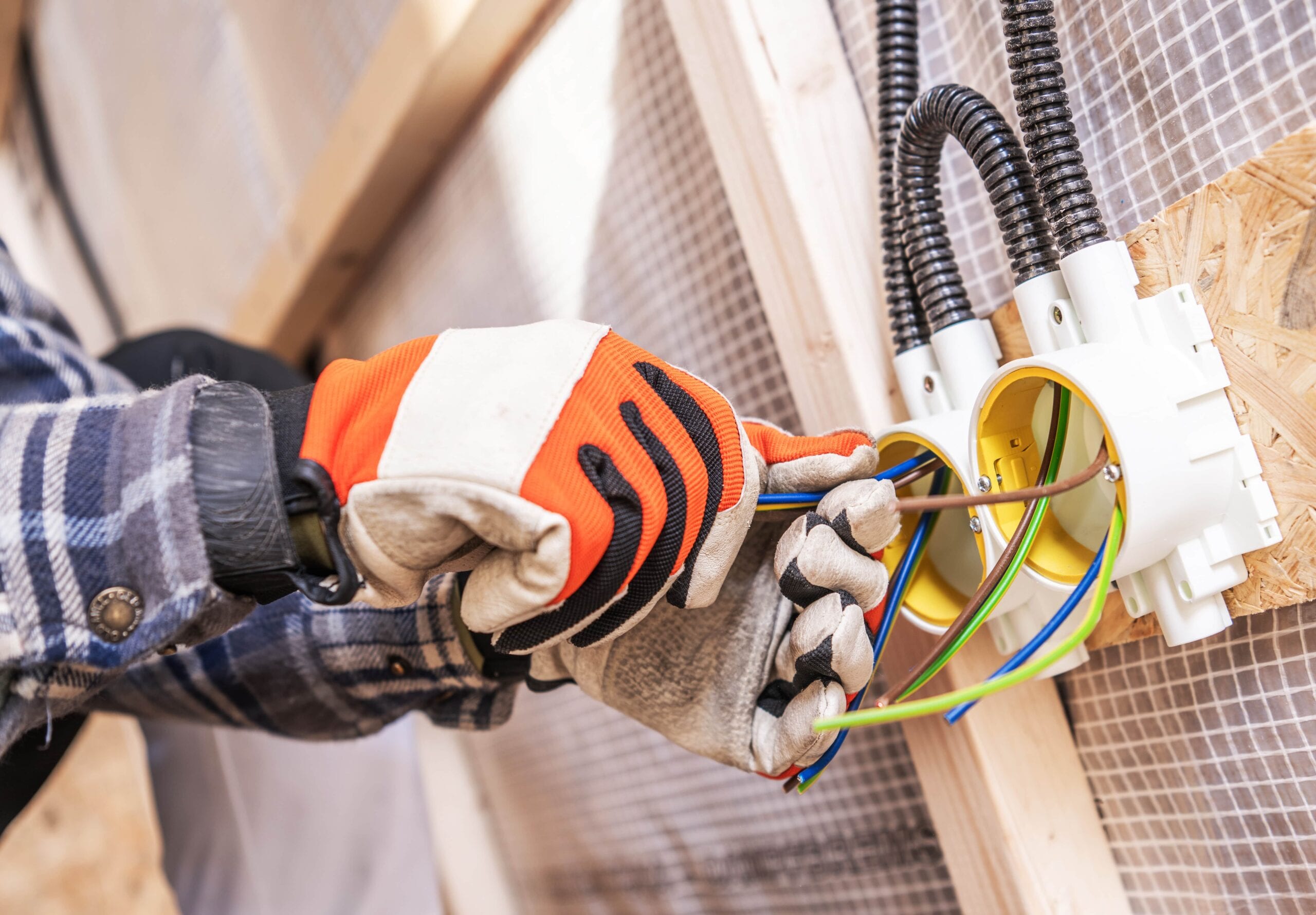 Close-up of an electrician wearing heavy-duty orange and grey protective gloves, carefully pulling and connecting colorful electrical wires into a white junction box on a wooden frame during a house build.