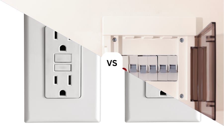 A comparison graphic showing a white GFCI outlet and a residential circuit breaker panel with AFCI for an electrical service in Winter Haven, FL.