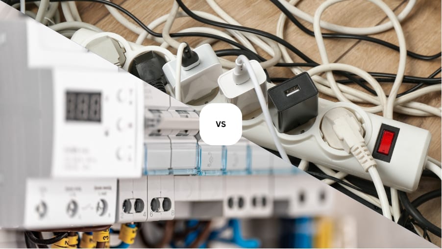 A side-by-side comparison showing a tidy professional electrical panel versus a cluttered, overloaded power strip with tangled cords in Winter Haven, FL.