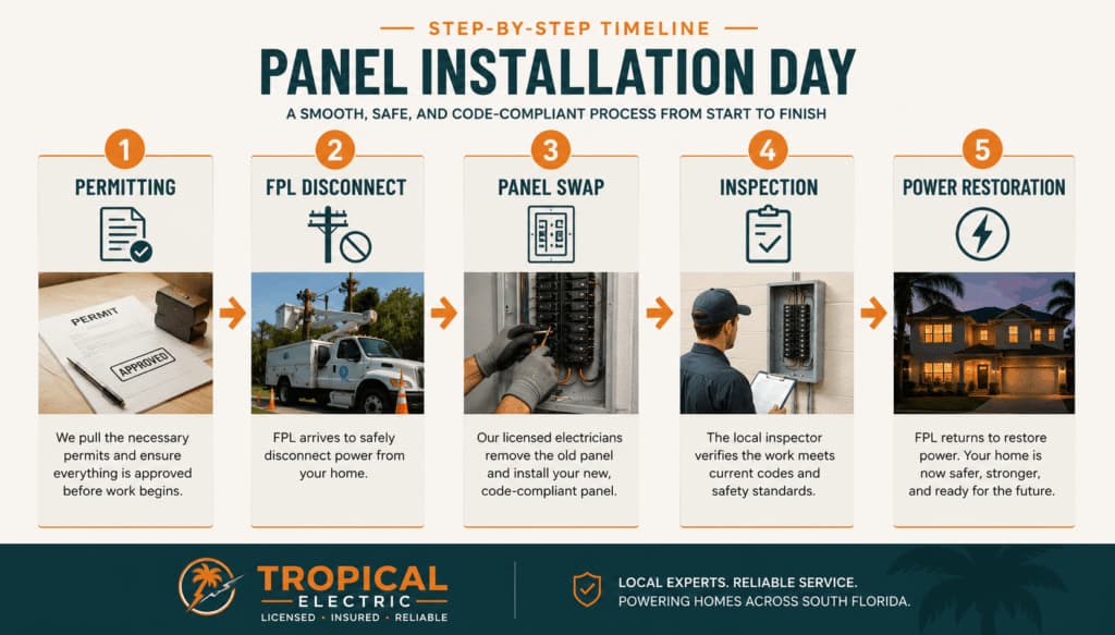 Step-by-step infographic of a safe, code-compliant electrical panel installation service in South Florida.
