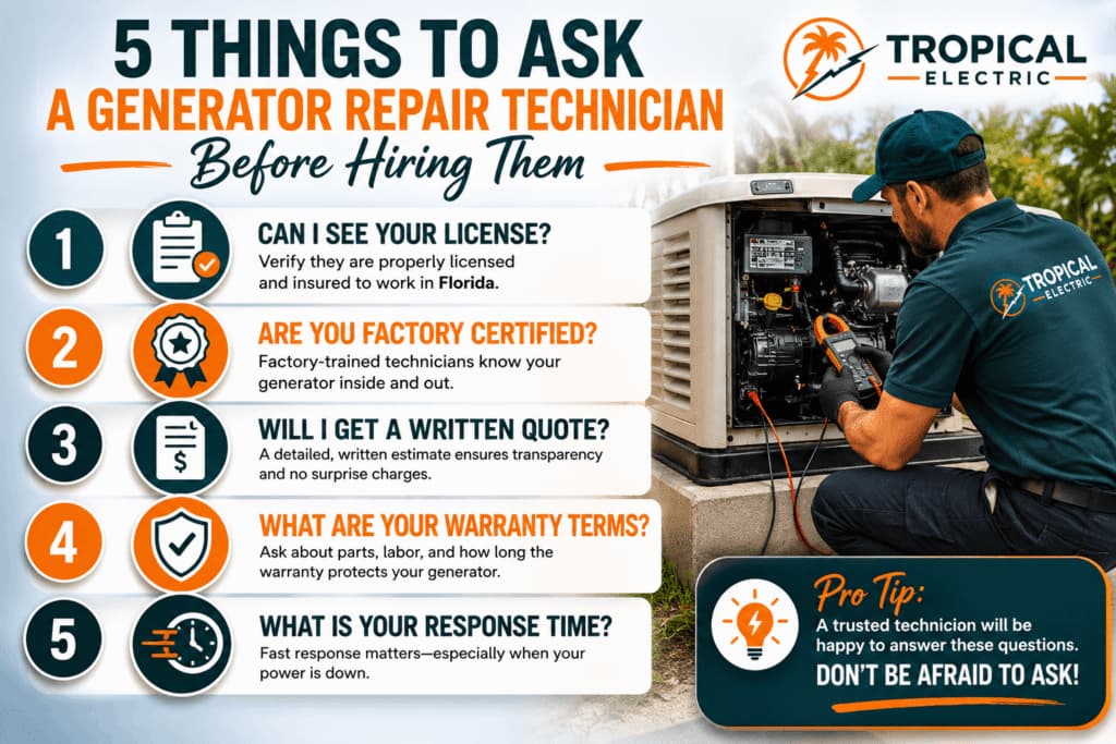 Generator Repair FL: 2026 Hurricane Readiness Guide 3 A Tropical Electric professional performing generator repair service in Florida, helping homeowners vet technicians before hiring.