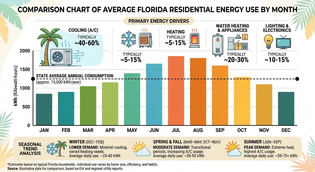 A comparison chart showing average monthly residential energy use in Florida, highlighting peak summer demand and primary drivers like A/C and water heating for homeowners in Orlando, FL.