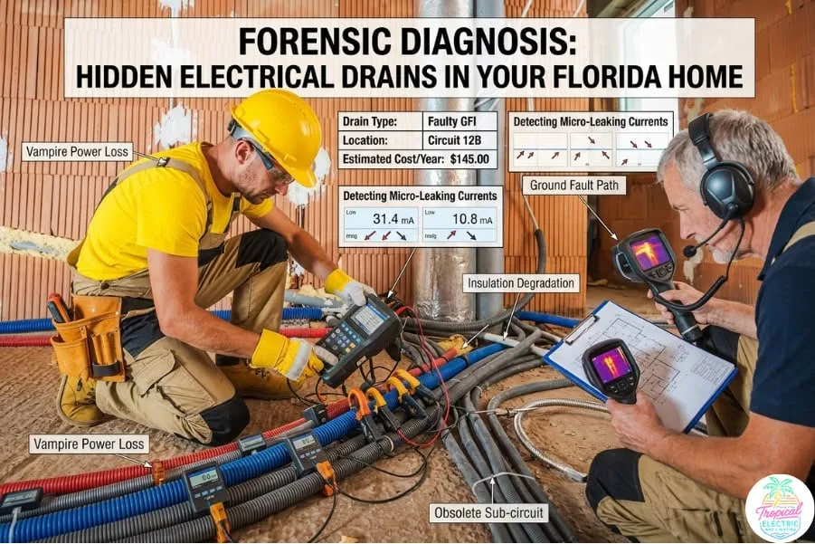 Professional electricians performing a forensic electrical leak detection to identify hidden power drains and insulation degradation in a Central Florida home.