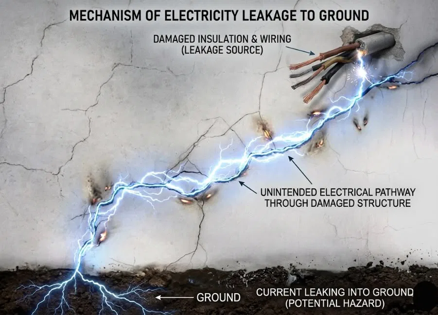 Educational diagram showing the mechanism of electricity leakage to ground from damaged wiring and insulation, illustrating an unintended electrical pathway through a wall structure for residential safety in Orlando, FL.