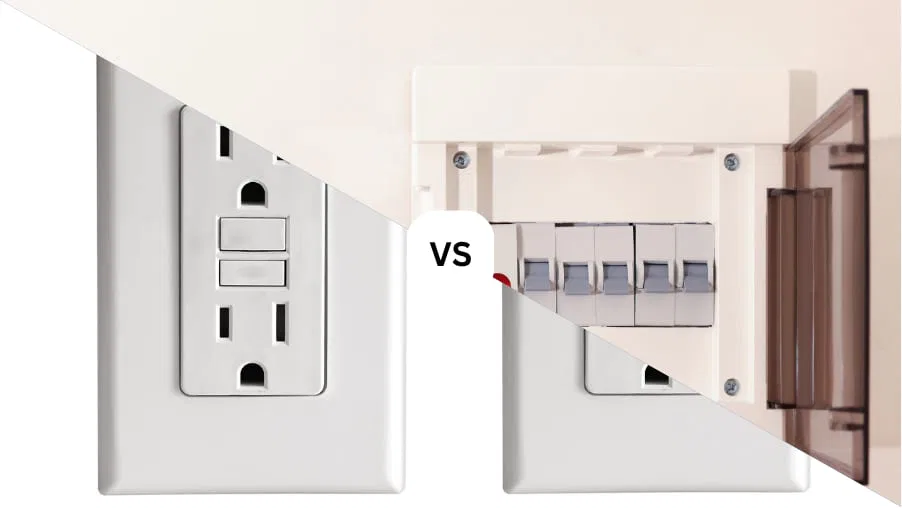 A comparison graphic showing a white GFCI outlet and a residential circuit breaker panel with AFCI for an electrical service in Winter Haven, FL.
