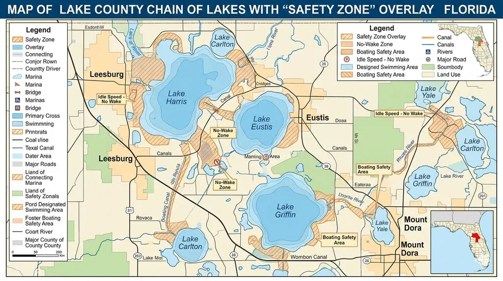 A detailed navigation map of the Lake County Chain of Lakes in Florida, showing safety zone overlays, no-wake zones, and marinas near Leesburg and Mount Dora.