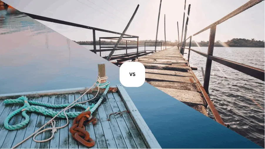 A split-screen comparison showing a weathered wooden dock with ropes and chains versus a long, rustic walkway over water, illustrating professional marine dock restoration in Orlando, FL.